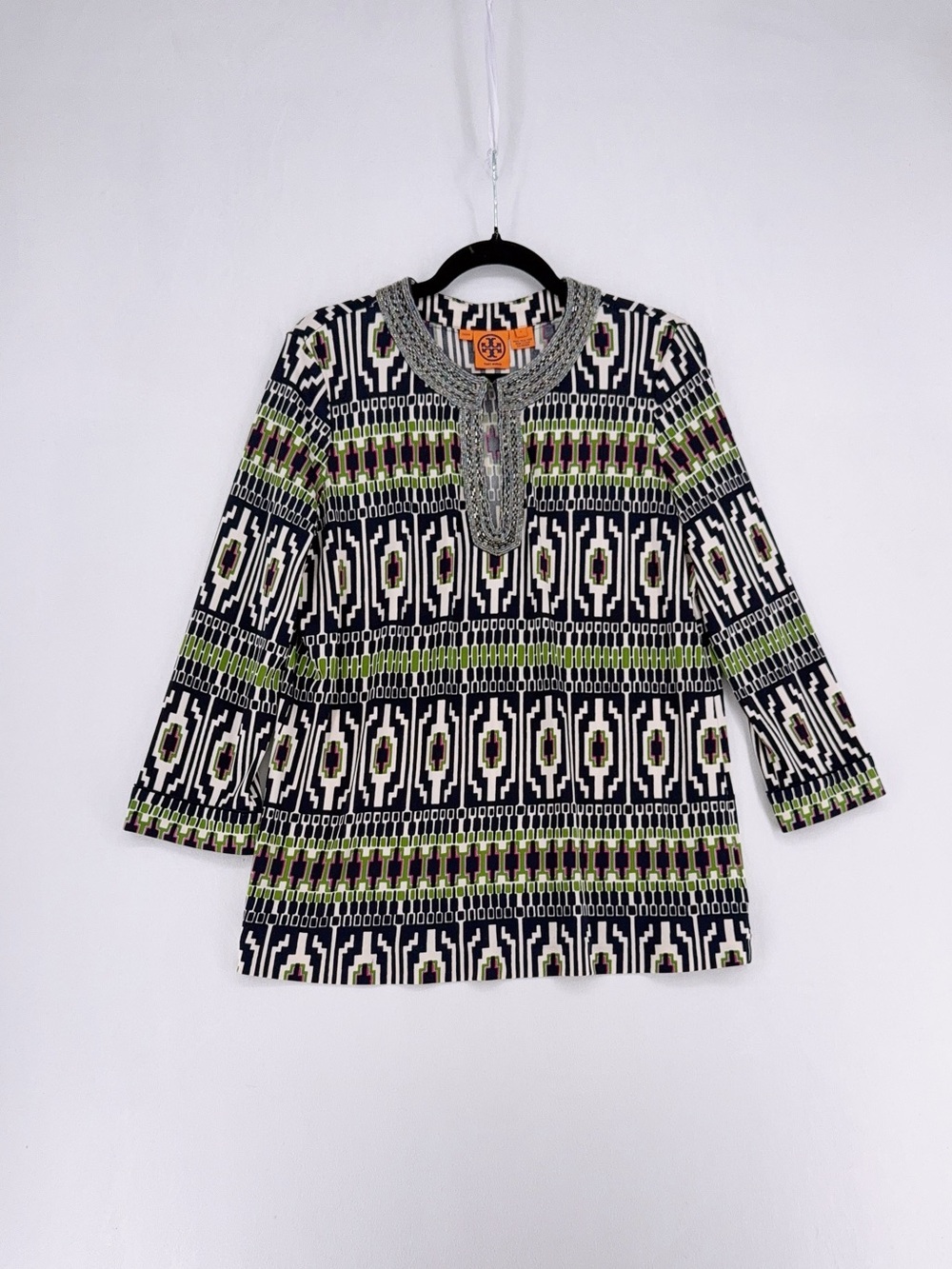 Tory Burch 100% Silk Knit Tunic Top, Multi Color Beaded Neckline size L